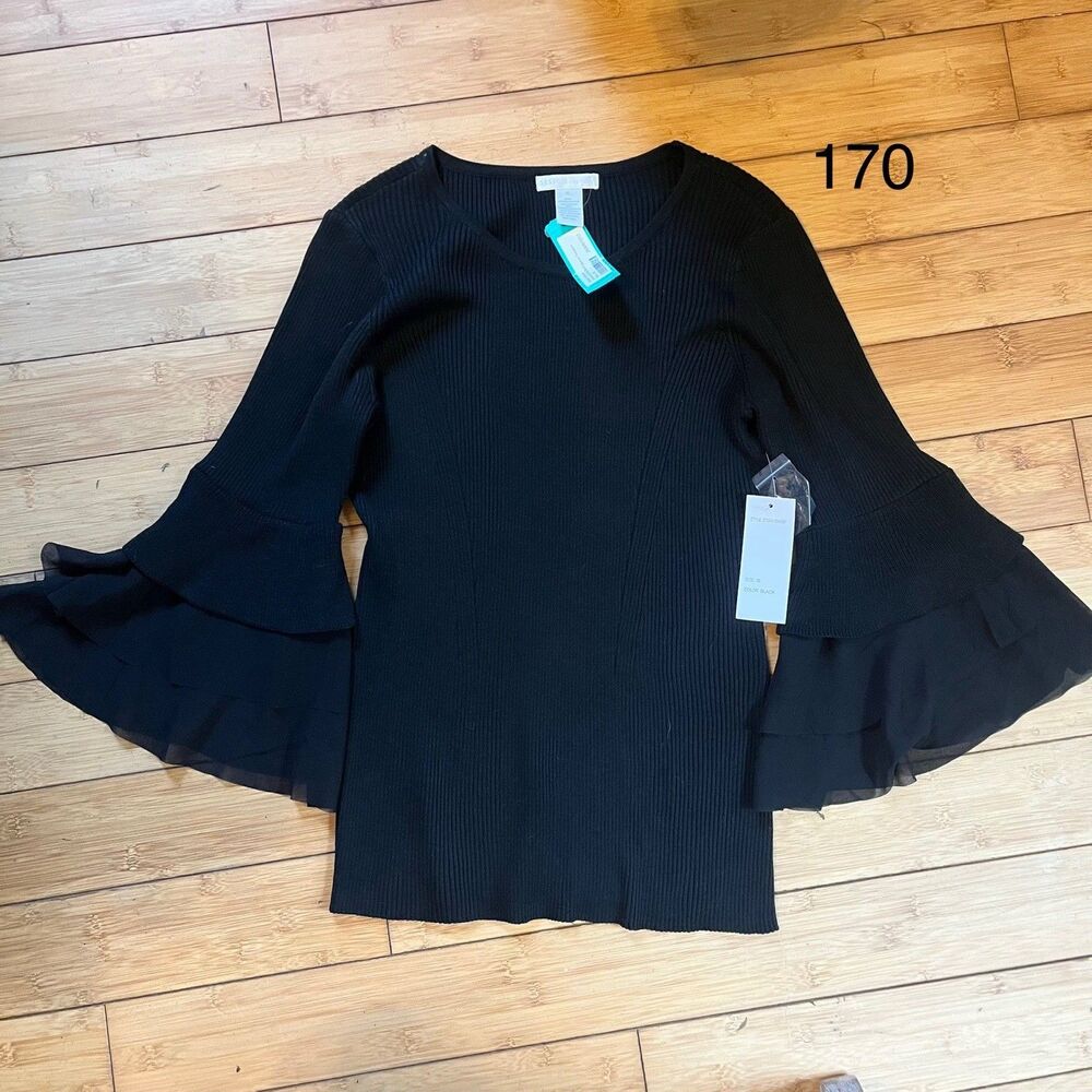NWT Stitch Fix Black Design Store Woven Sleeve Knit Top Smocked Sleeves XL